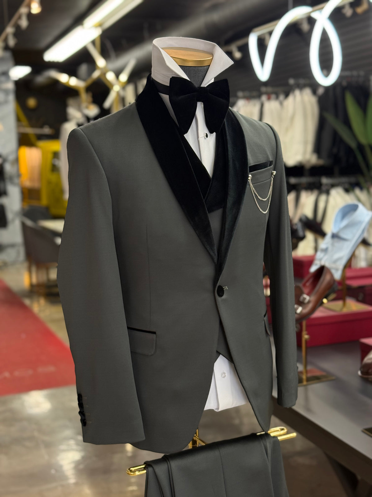 Olive Green Shawl Lapel Velvet Edition