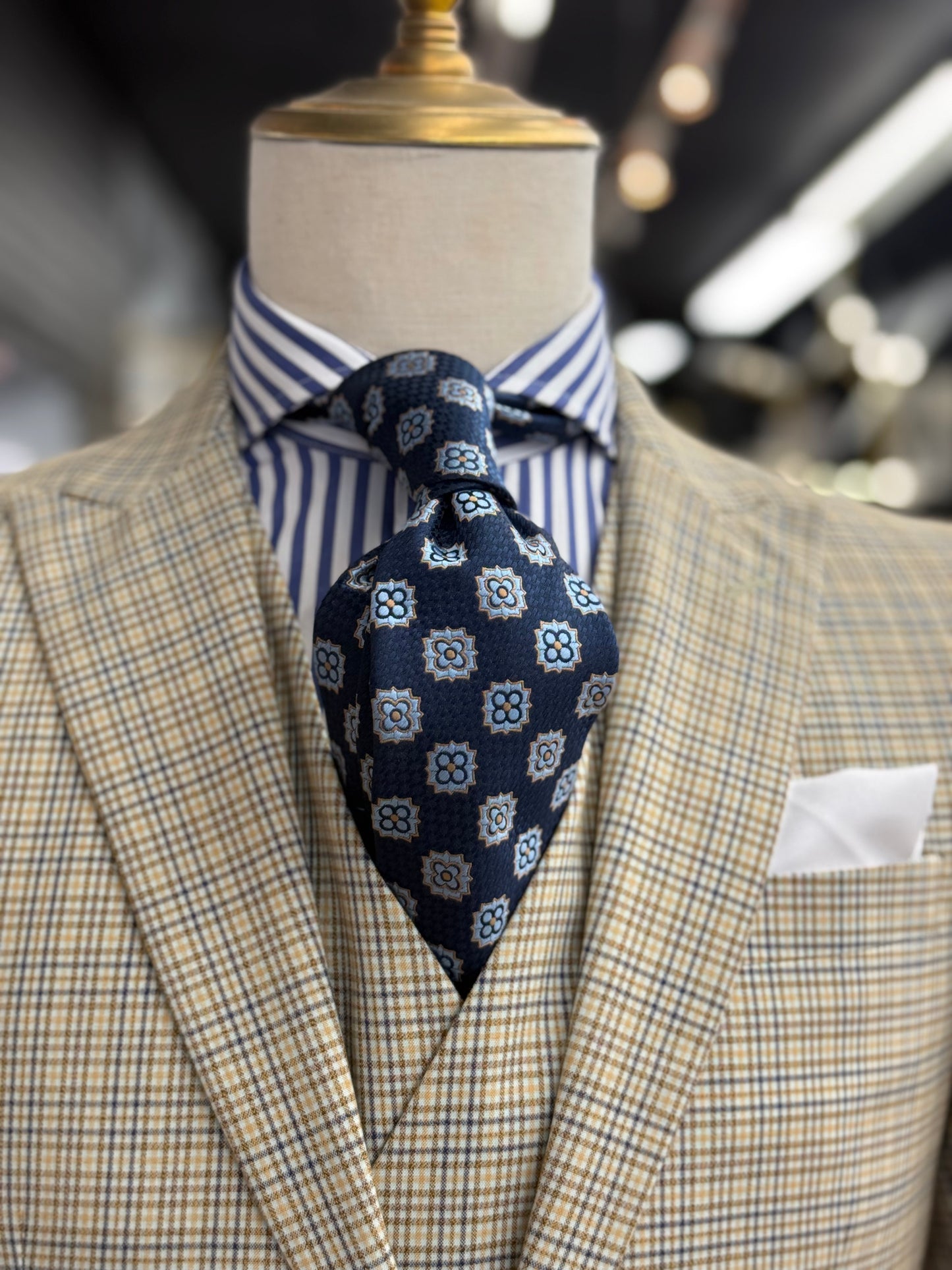 Necktie Navy, ligth Blue and Gold  Medallion