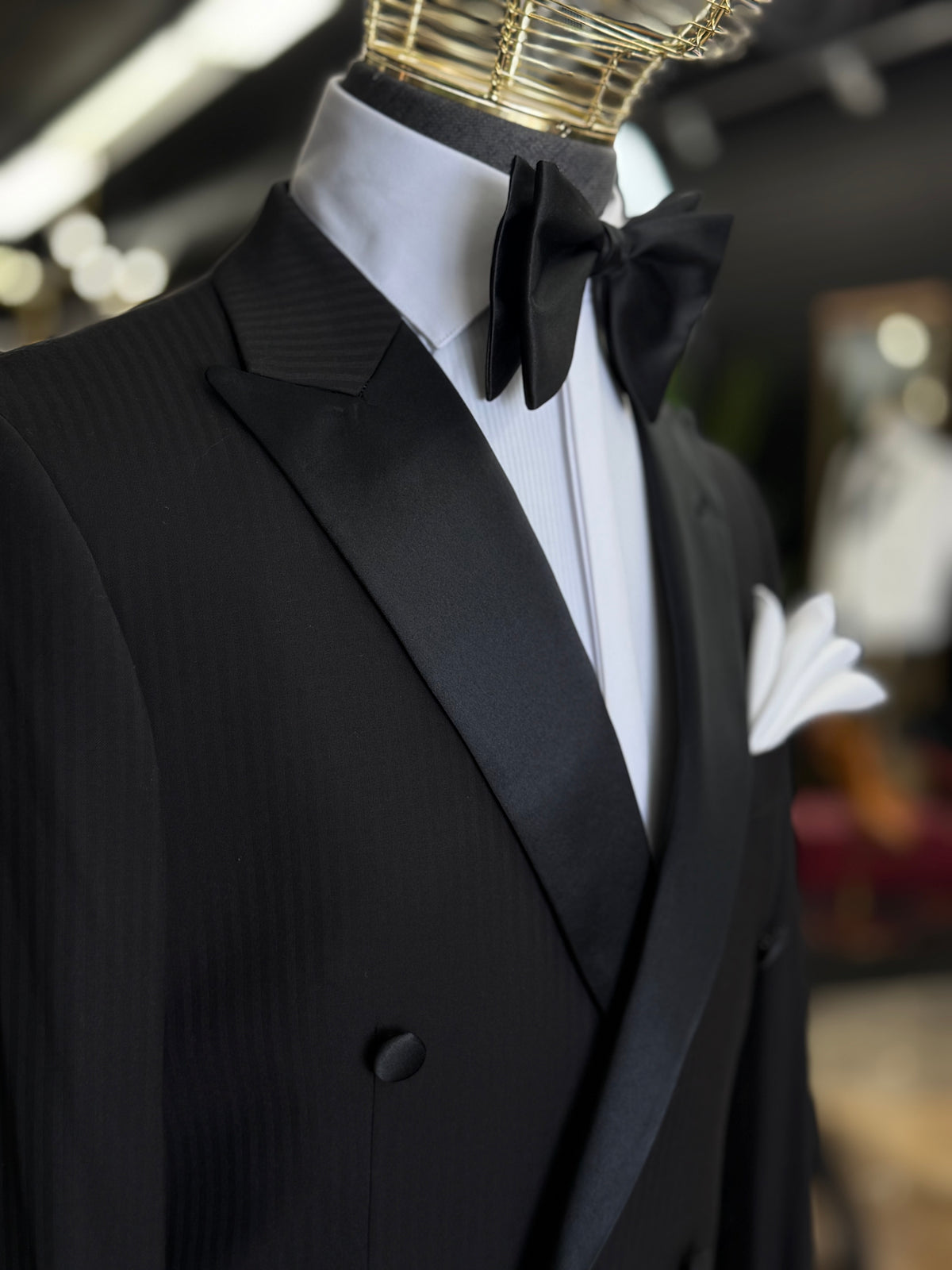 Black Peak Lapel Tone-on-Tone Stripe Double-Breasted Tuxedo