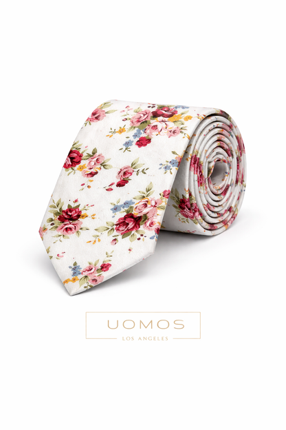 Necktie White Cotton Floral
