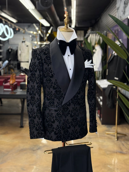 Black Damask Jacquard Tuxedo with Satin Shawl Lapel