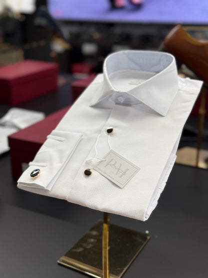 White Cotton Piqué Tuxedo Shirt with Gold Buttons