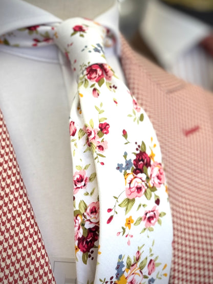 Necktie White Cotton Floral