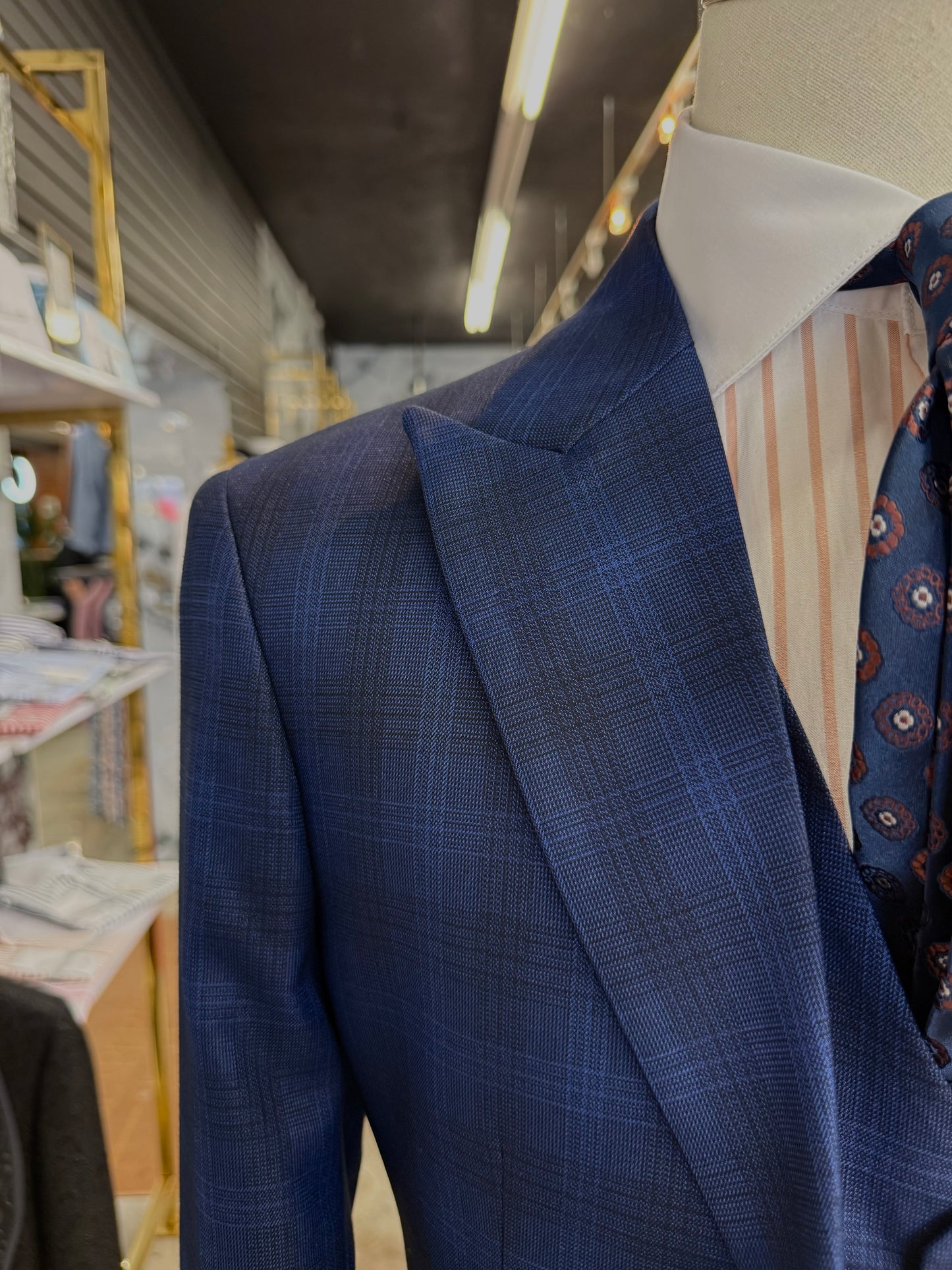 Textured Glen Check Indigo Three Pieces Vested Suit
