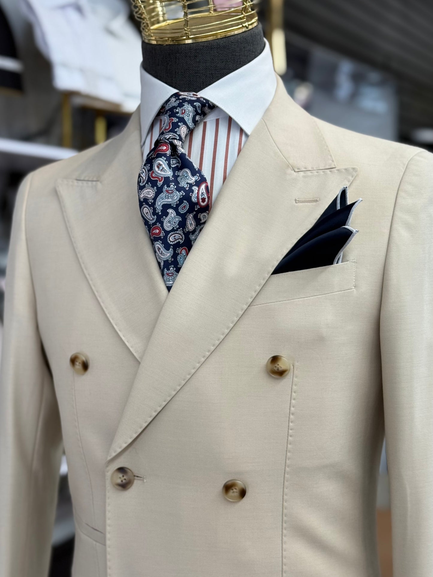 Light Tan Double-Breasted Suit Stretch