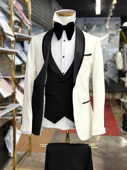Off White Birdseye Velvet Trim Shawl Tuxedo