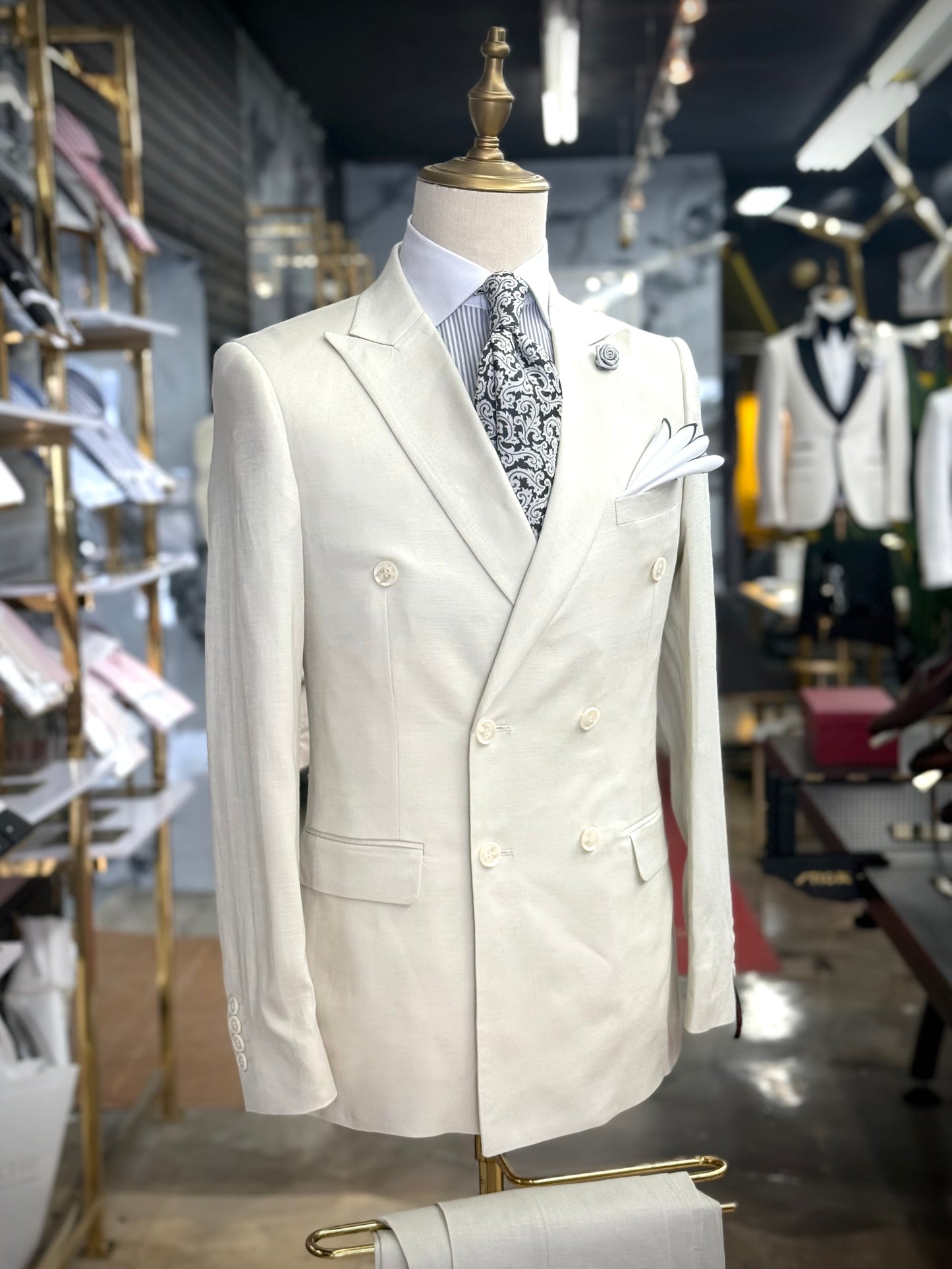 Off White Double-Breasted Suit 100% Linen