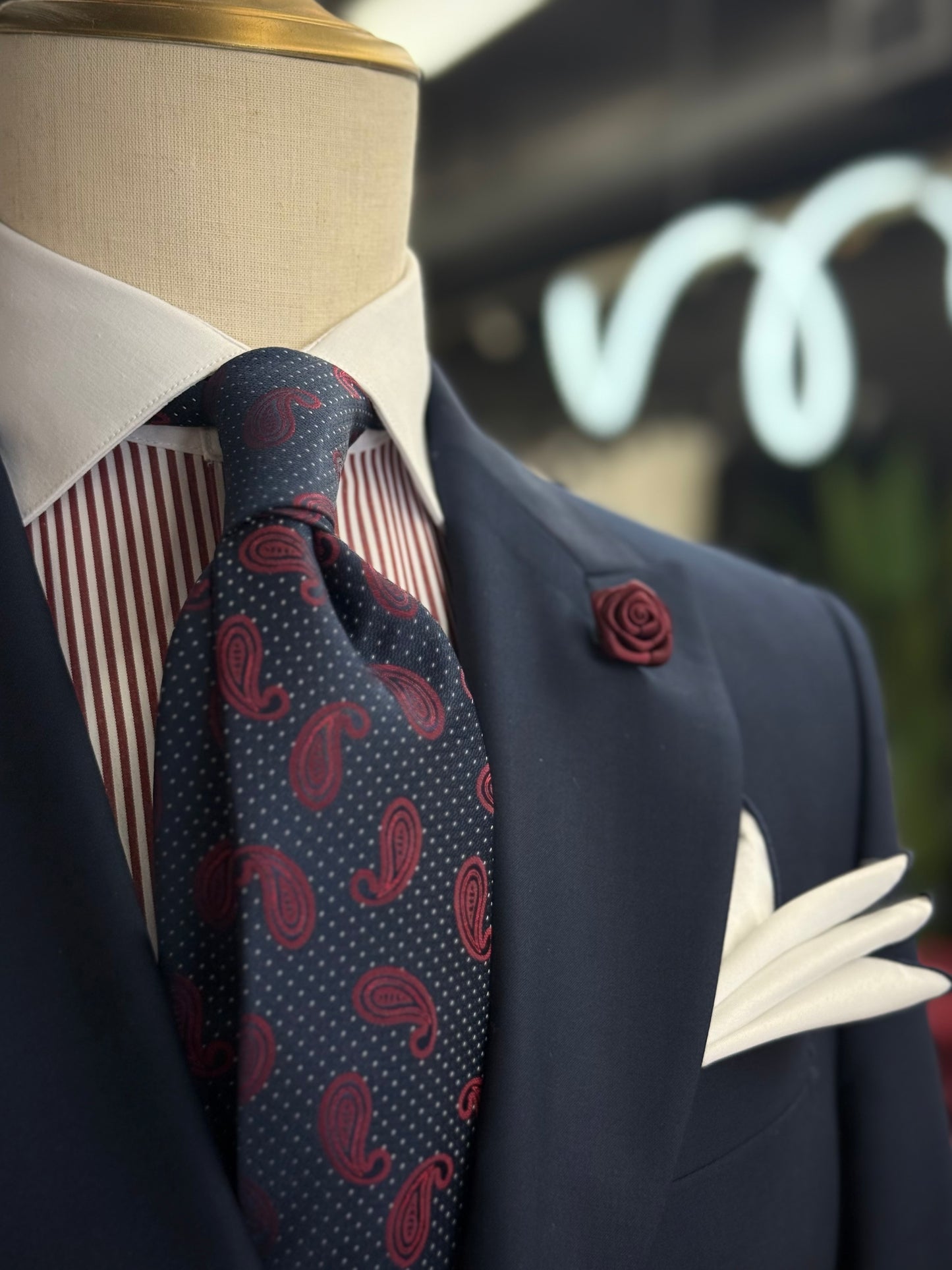 Necktie Midnight Blue Micro Polla dots White and Burgundy Paisley