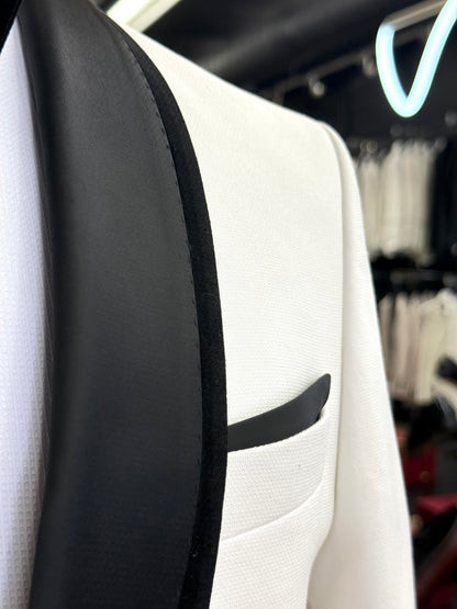 Off White Birdseye Velvet Trim Shawl Tuxedo