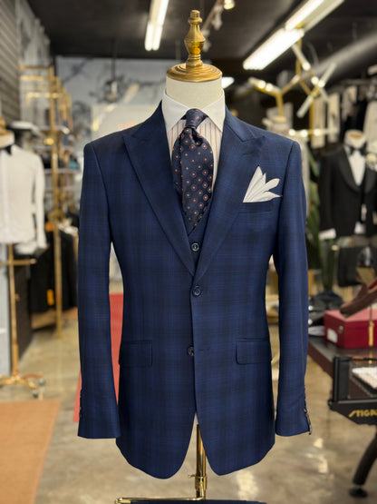 Textured Glen Check Indigo Three Pieces Vested Suit