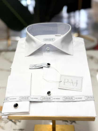 Tuxedo 100% Cotton White shirt, tuxedo buttons, spread collar, french cuffs.