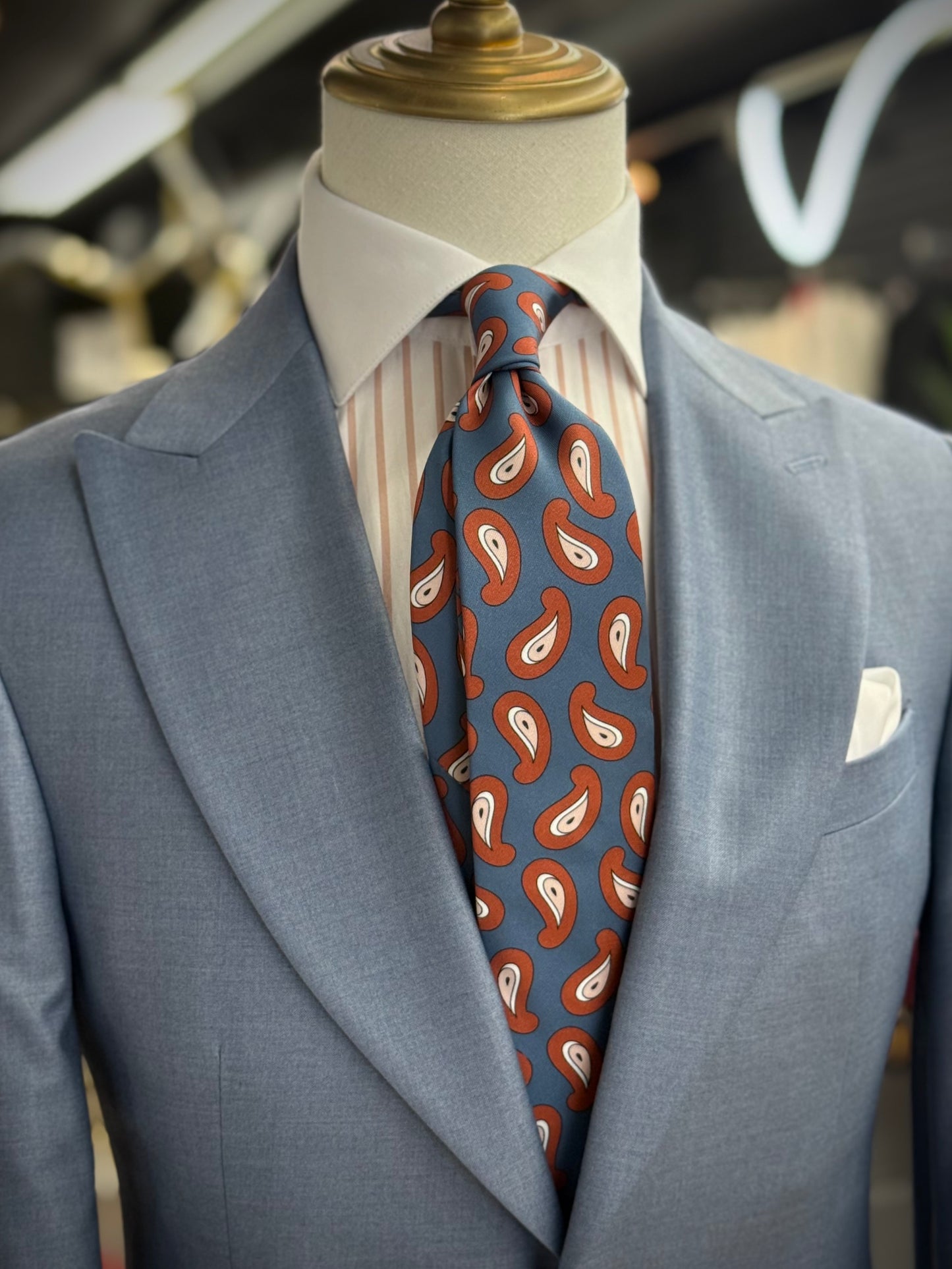 Necktie Geometrical Paisley Powder Dusty Blue & Rust Blush Tie