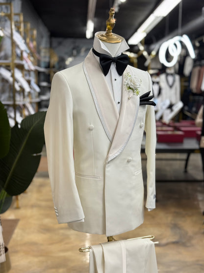 Ivory White Modern Fit Tuxedo Double Breasted Shawl Lapel
