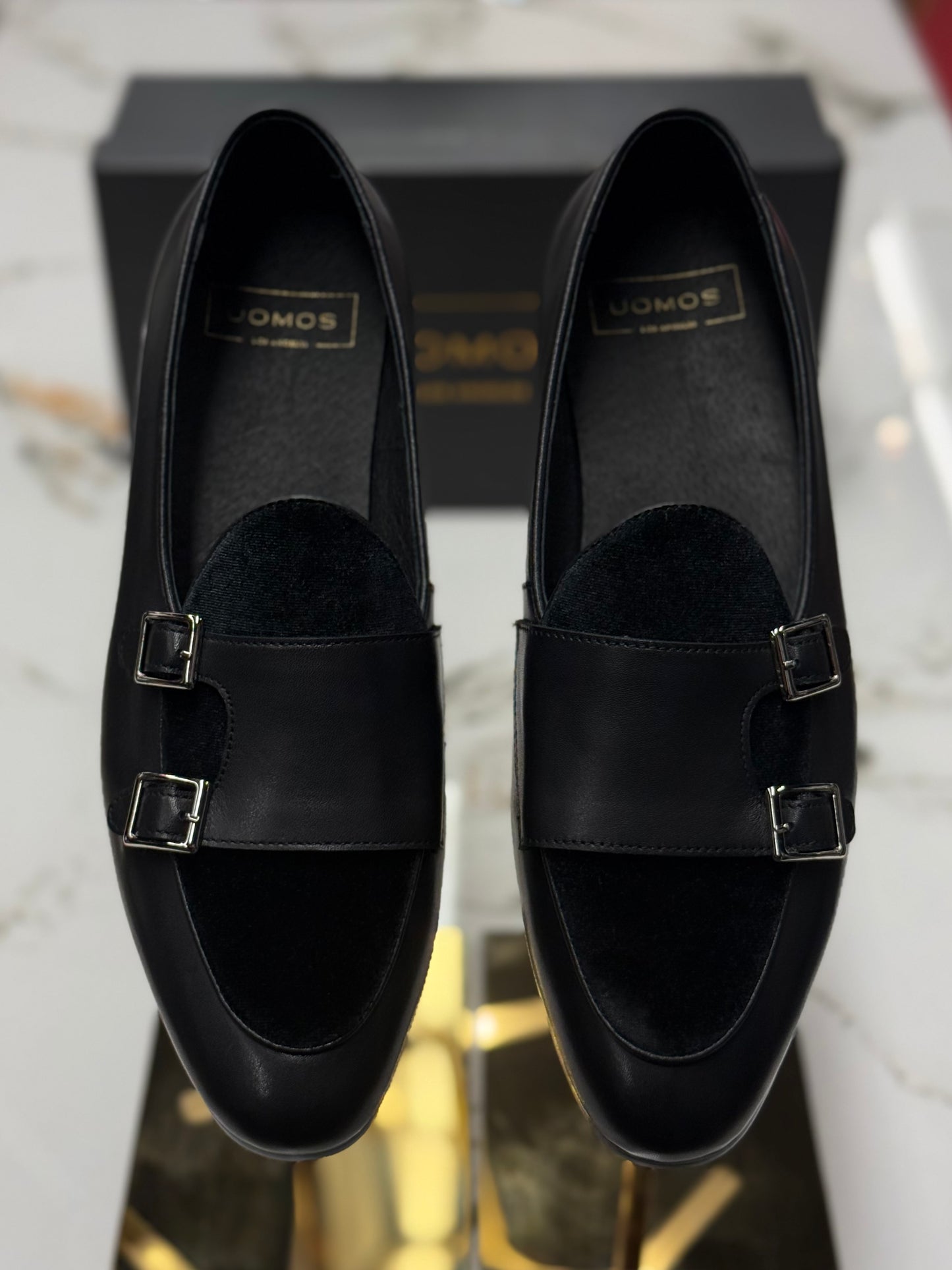 Uomos Black Leather double monk velvet loafers