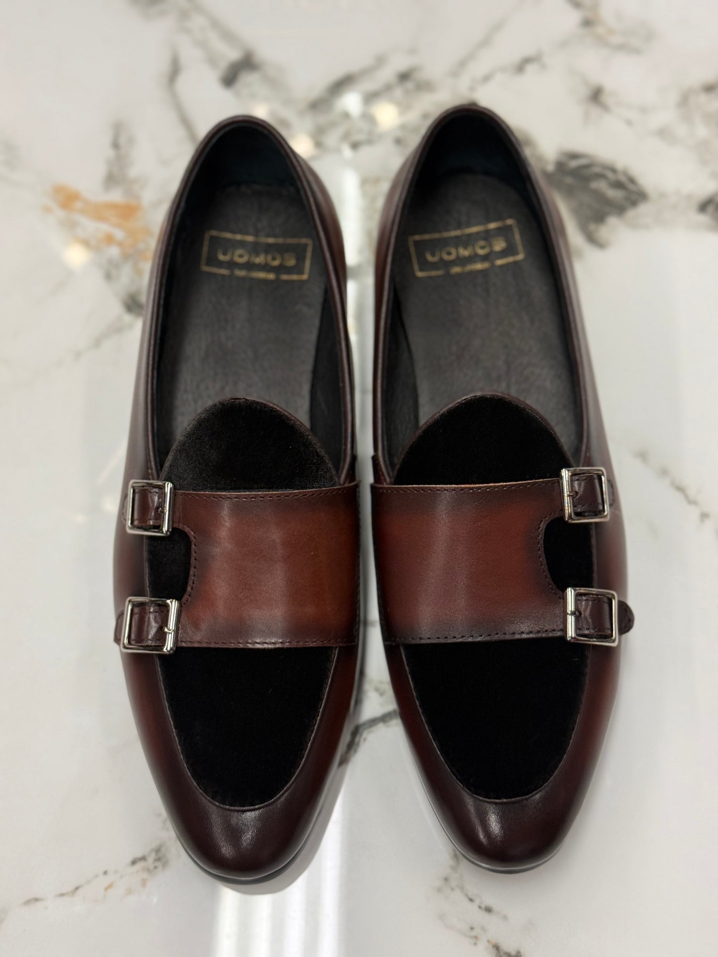 Uomos Brown Bordeaux Leather double monk velvet loafers