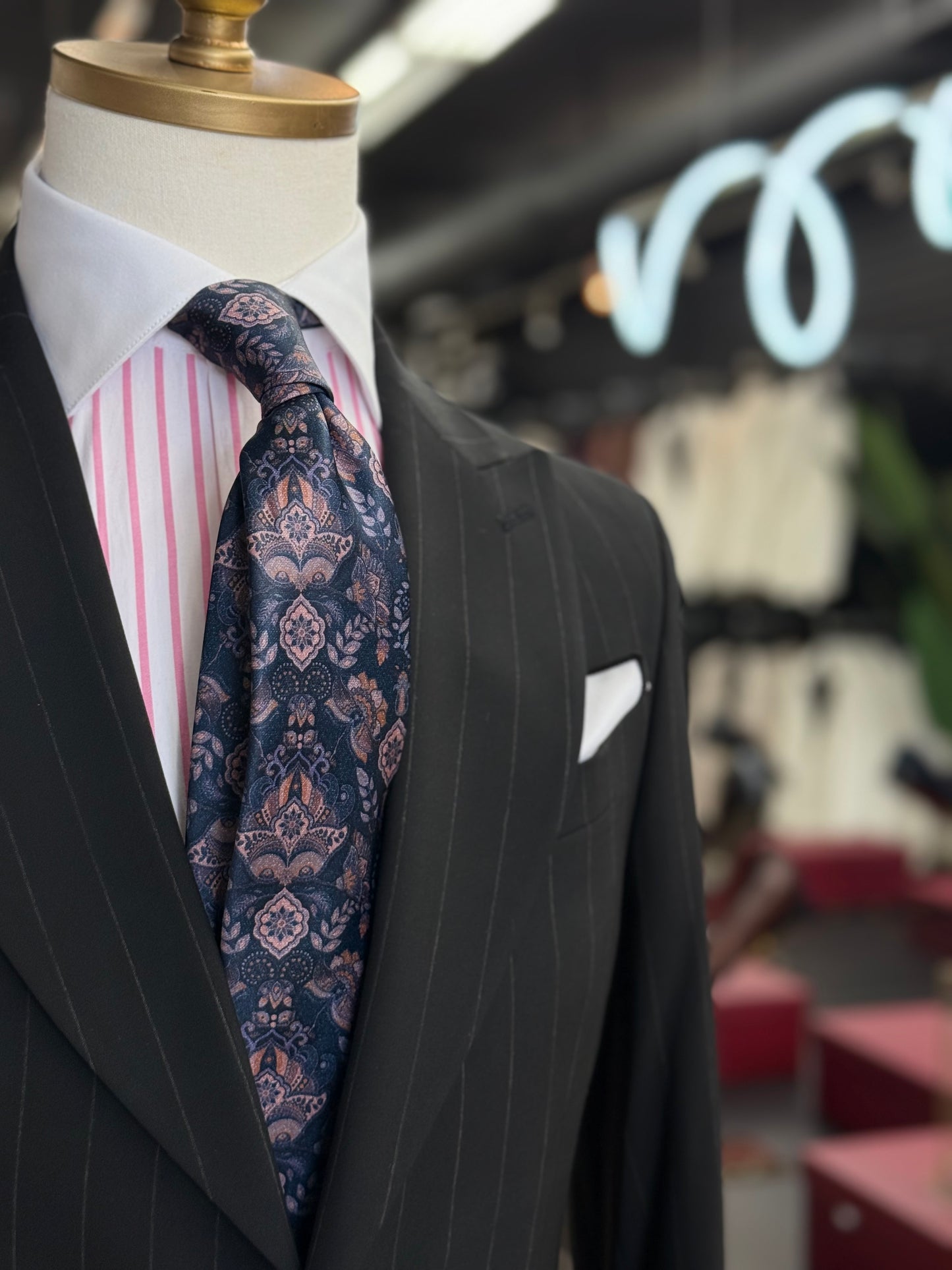 Necktie Floral Damascus Mid Night Blue Pink & Rust