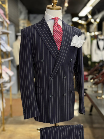 Regent Navy Pinstripe Double-Breasted Suit 100% Linen