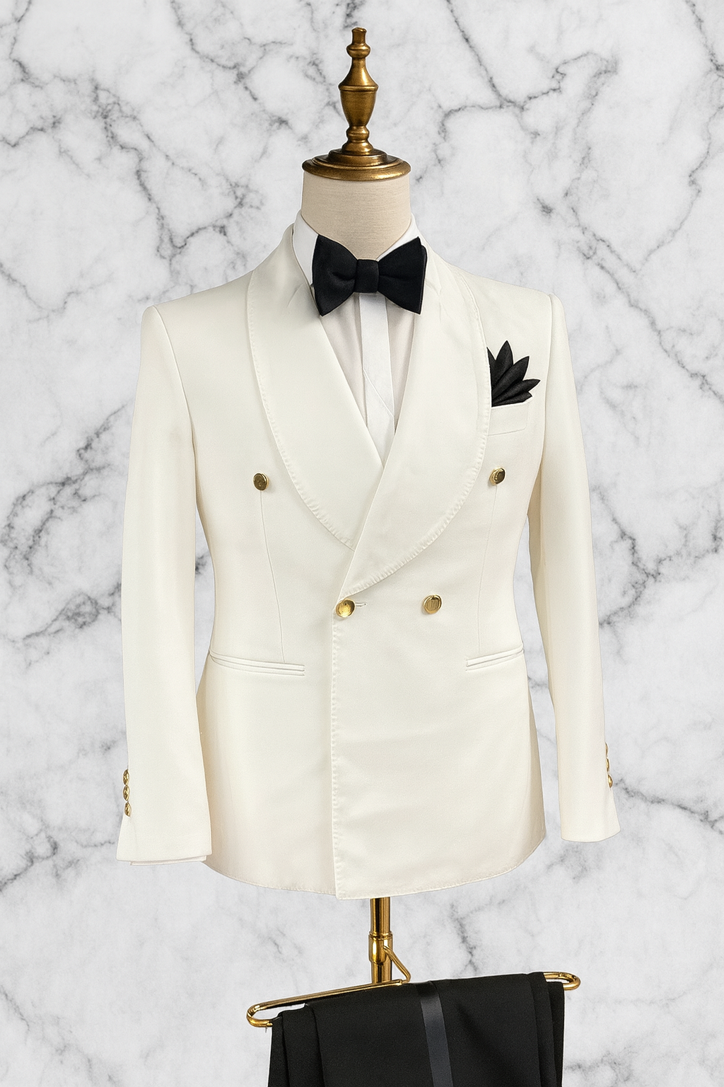 Off White Shawl Lapel & Gold buttons Tuxedo Double Breasted