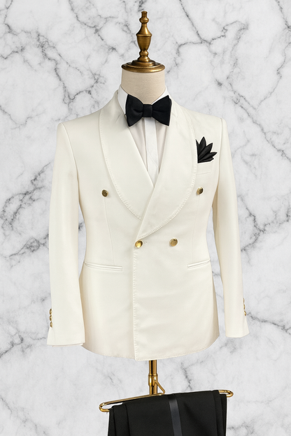 Off White Shawl Lapel & Gold buttons Tuxedo Double Breasted