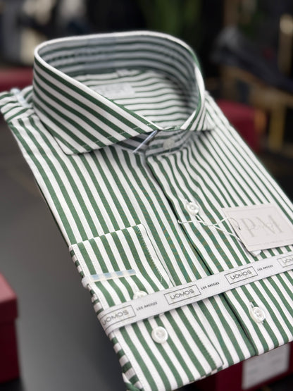 White and hunter green striped cut-away cotton shirt slim