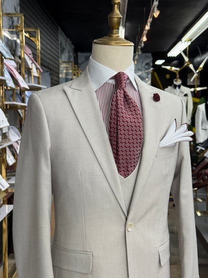 Bone Grey Micro Check Three-Pieces Suit