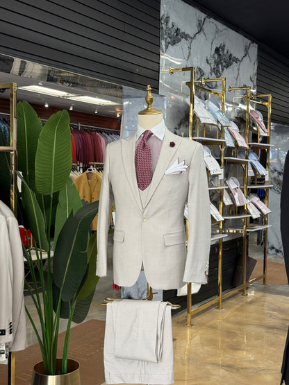Bone Grey Micro Check Three-Pieces Suit