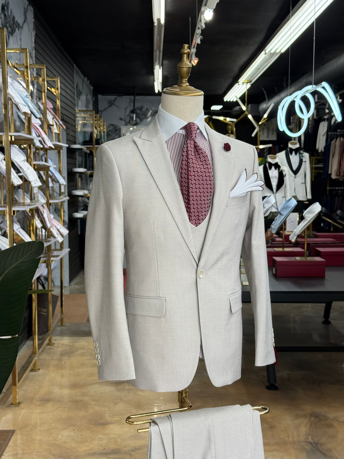 Bone Grey Micro Check Three-Pieces Suit