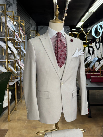 Bone Grey Micro Check Three-Pieces Suit