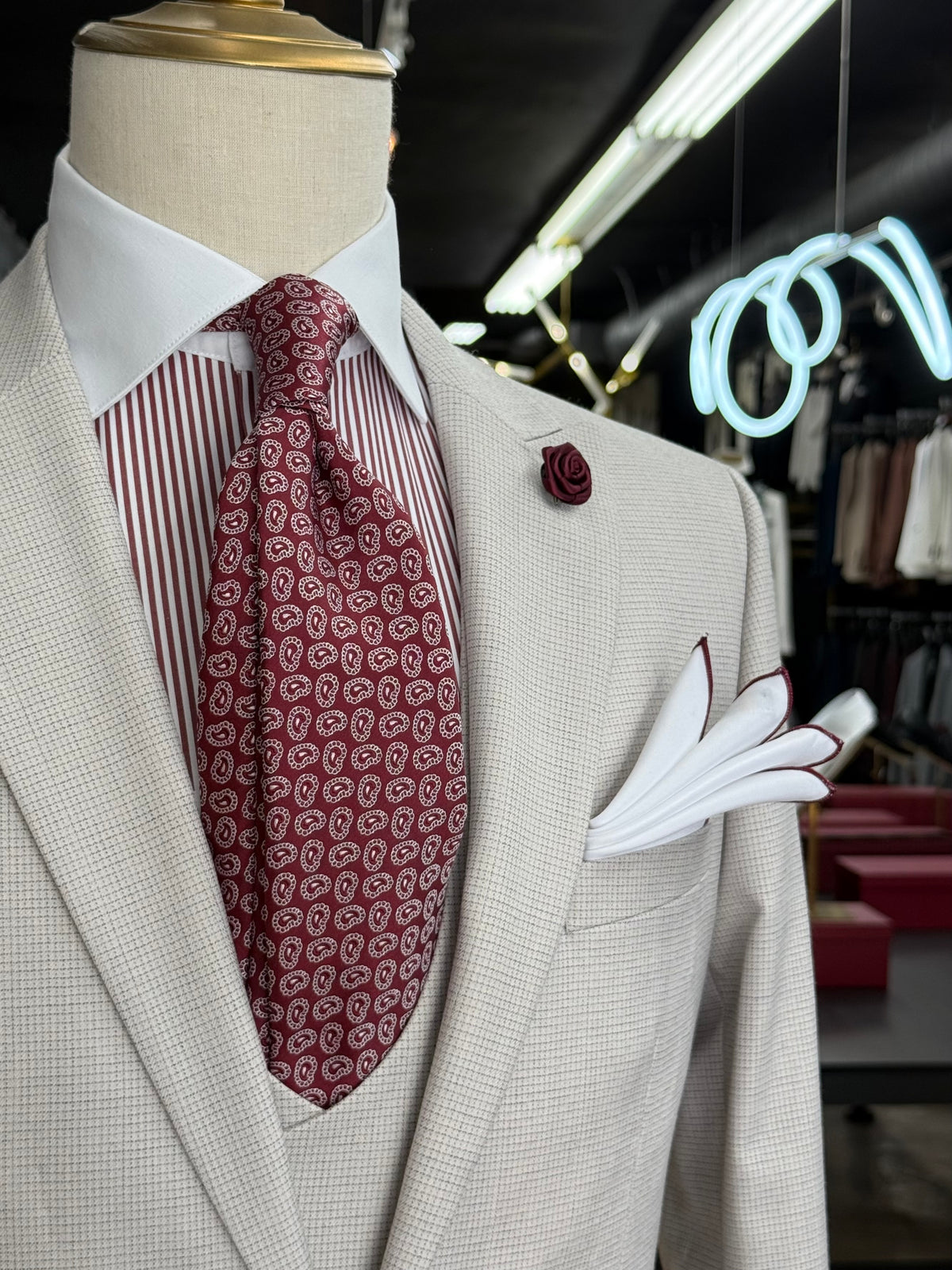 Bone Grey Micro Check Three-Pieces Suit