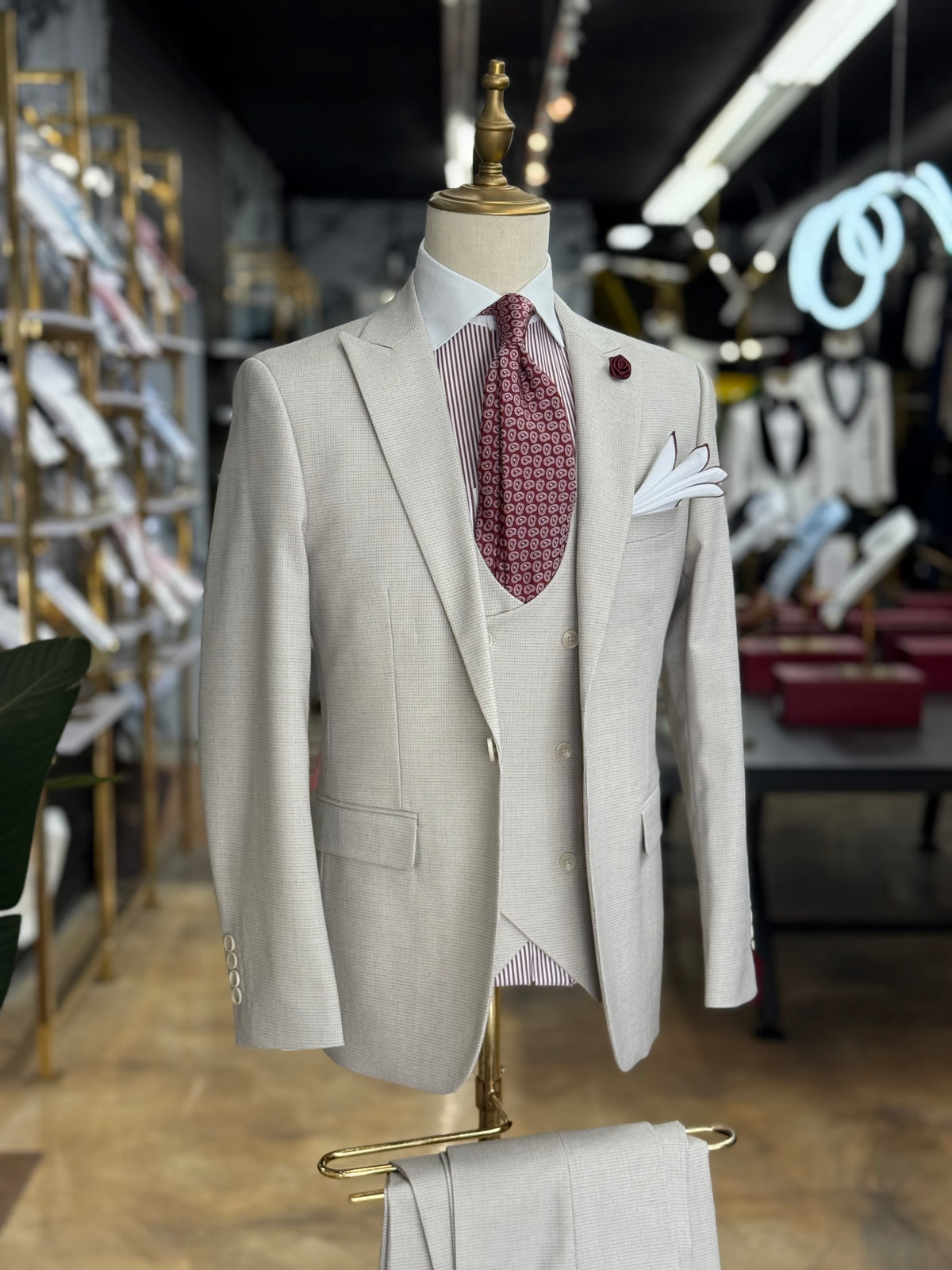 Bone Grey Micro Check Three-Pieces Suit