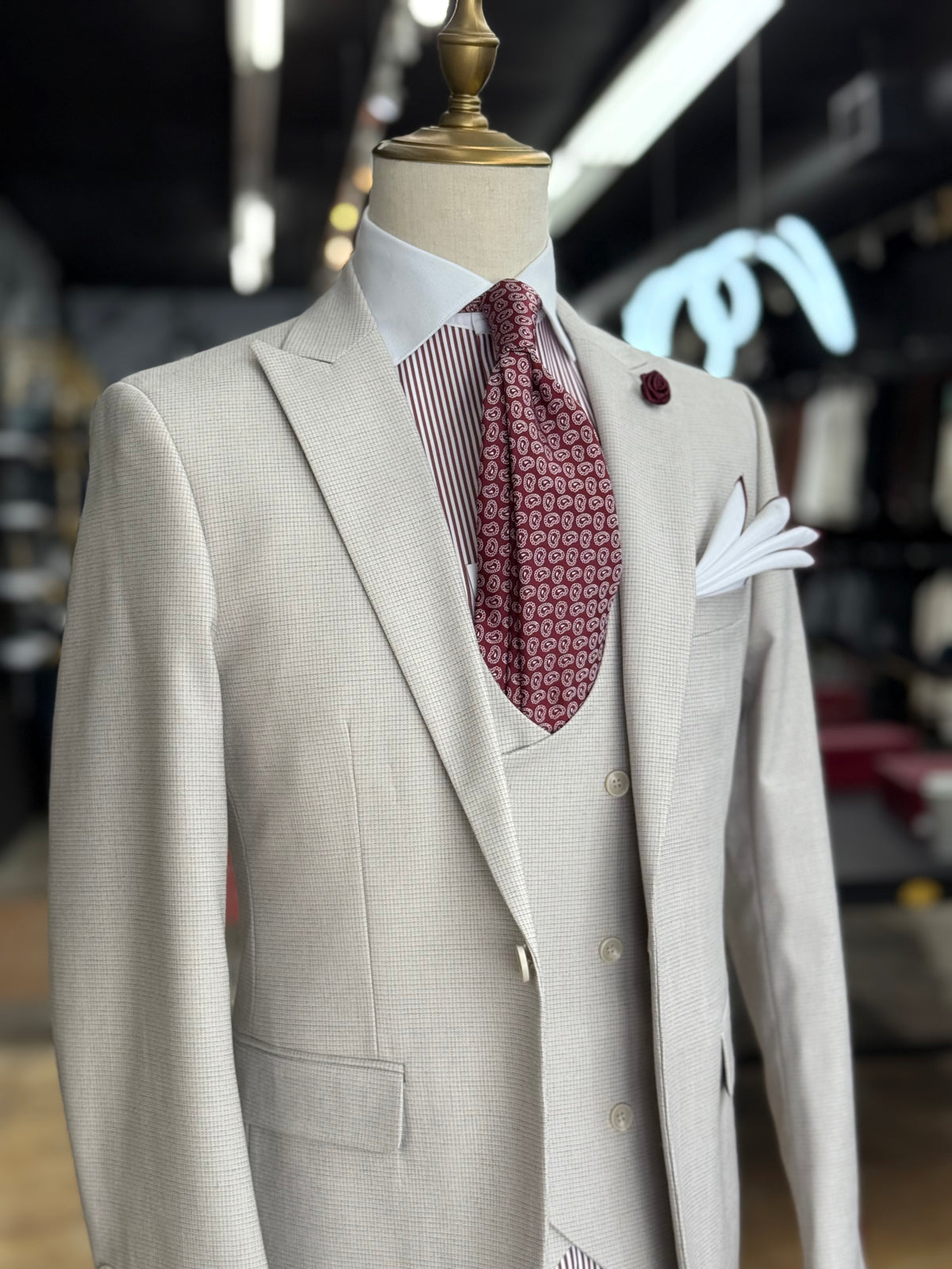 Bone Grey Micro Check Three-Pieces Suit