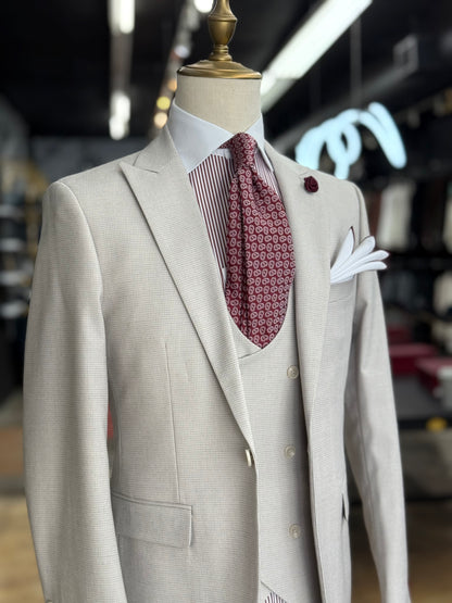 Bone Grey Micro Check Three-Pieces Suit