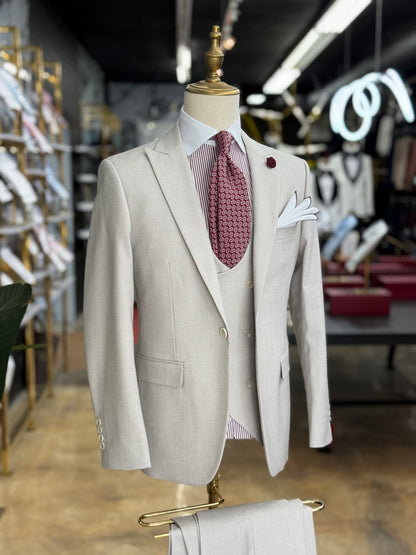 Bone Grey Micro Check Three-Pieces Suit
