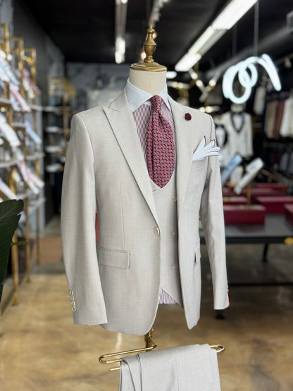 Bone Grey Micro Check Three-Pieces Suit