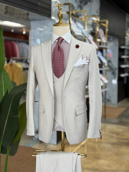 Bone Grey Micro Check Three-Pieces Suit