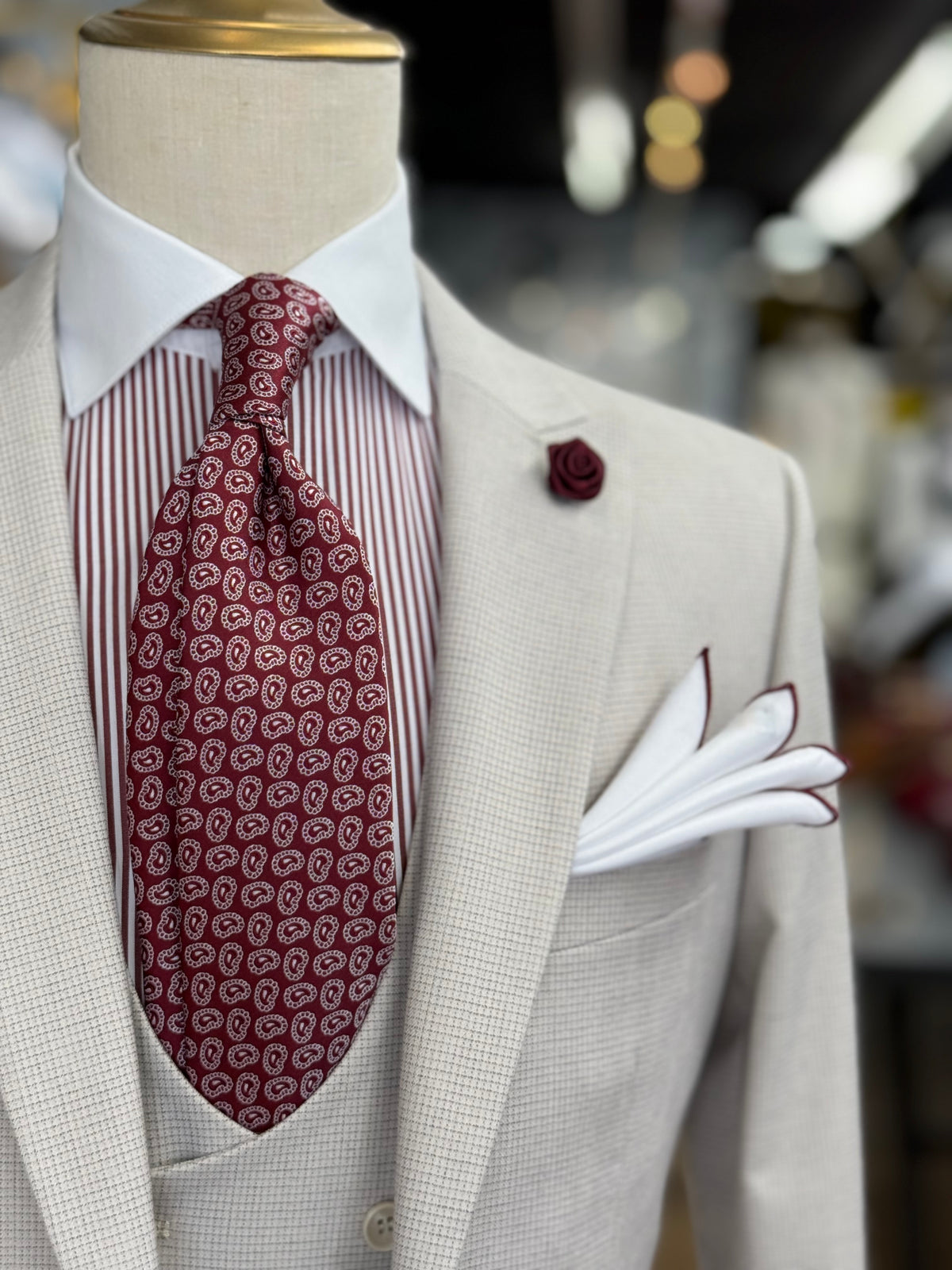 Bone Grey Micro Check Three-Pieces Suit