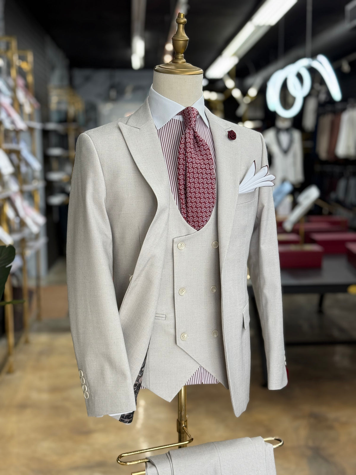 Bone Grey Micro Check Three-Pieces Suit