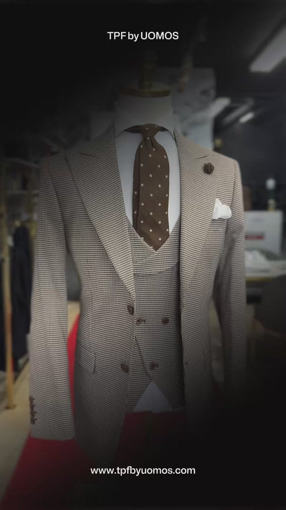 Chocolate & Beige Micro Houndstooth Wide Peak Lapel Suit