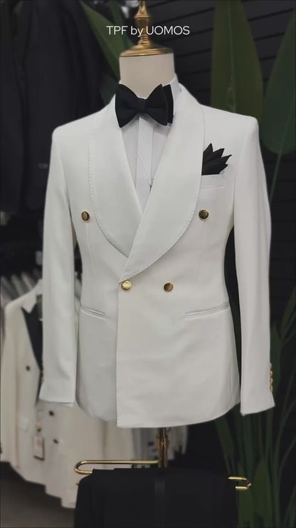 Off White Shawl Lapel & Gold buttons Tuxedo Double Breasted