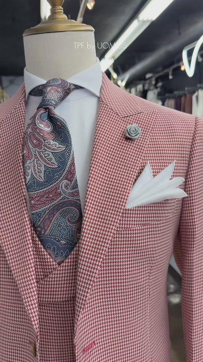 Vermilion Red Micro Houndstooth Wide Peak Lapel Suit