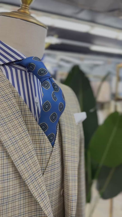 Light Beige with Blue & Brown Check Pattern Three Pieces Vested Suit