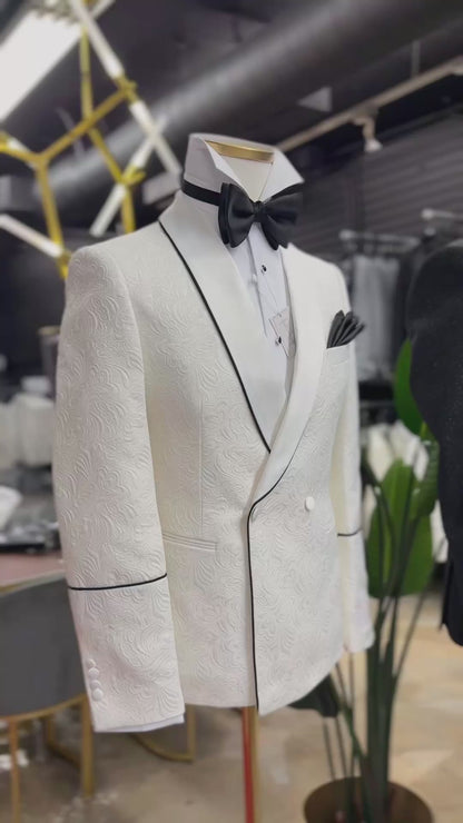Ivory Jacquard Shawl Lapel Tuxedo Double Breasted