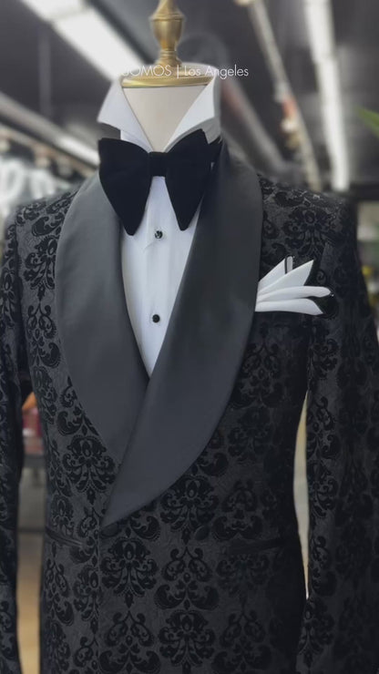 Black Damask Jacquard Tuxedo with Satin Shawl Lapel