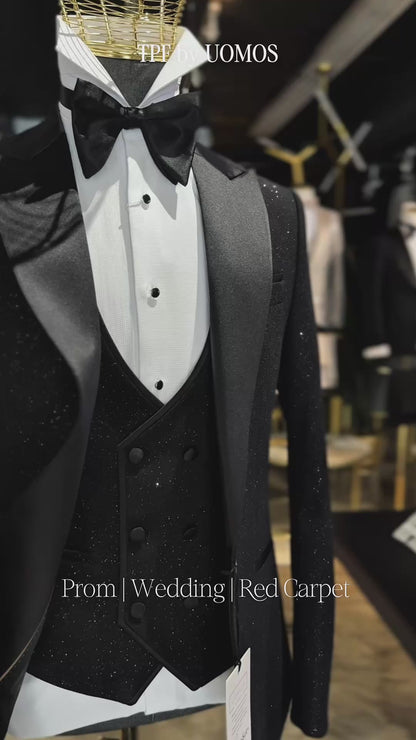 Black Glitter Peak Lapel Tuxedo – Luxury 3 Piece