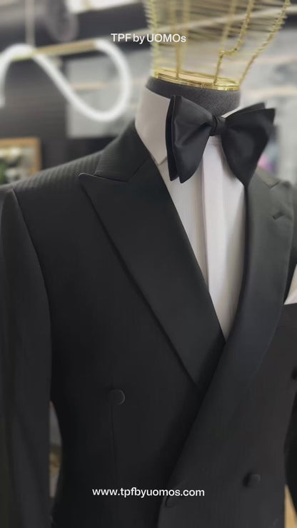 Black Peak Lapel Tone-on-Tone Stripe Double-Breasted Tuxedo