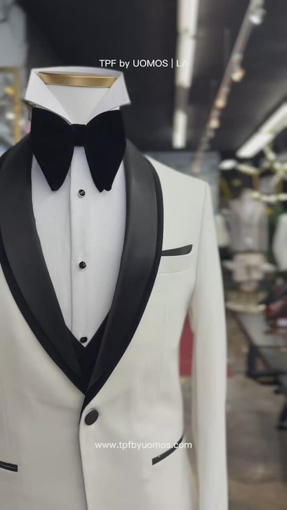 Off White Birdseye Velvet Trim Shawl Tuxedo