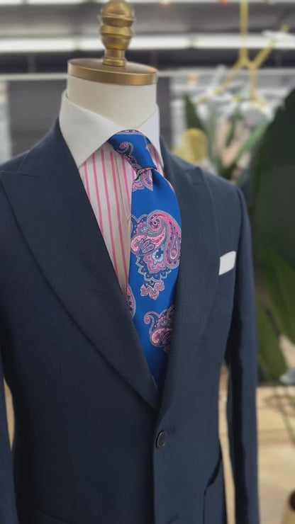 Navy Linen Two Pieces Wide Peak Lapel Suit