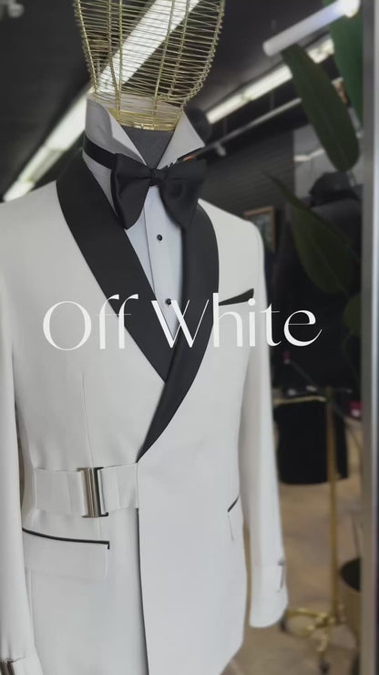 Off White Buckle Front Closure Shawl Lapel Tuxedo