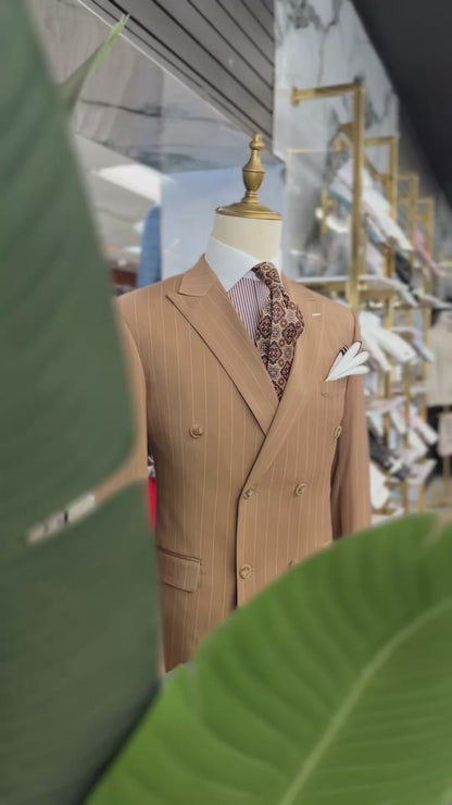 Camel Double-Breasted Pinstripe Suit