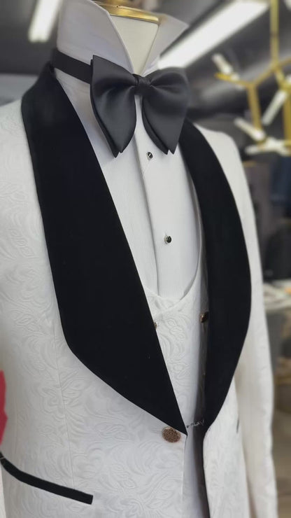 White Jacquard Jacket Black Velvet Shawl Lapel Tuxedo